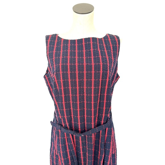 L.L. Bean Red & Blue Check Seer Sucker Sleeveless Dress Belted Size 16 - Picture 4 of 11